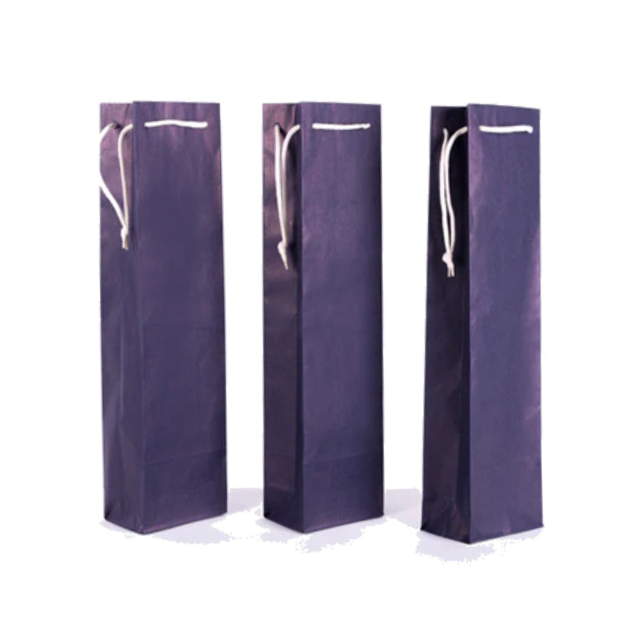 Three dark blue wine bags with white rope handles on a white background