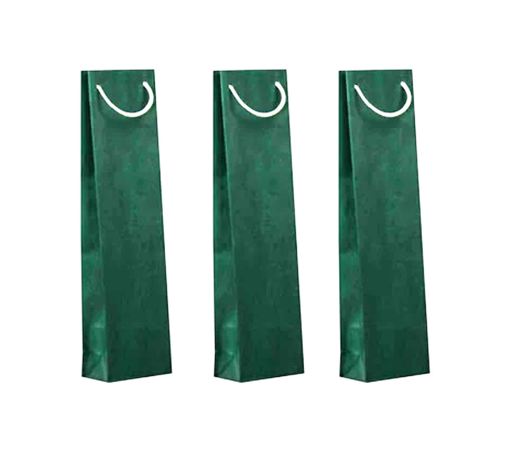 Three green wine bags with white rope handles on a white background