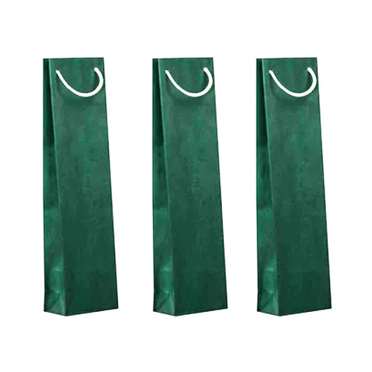 Three green wine bags with white rope handles on a white background