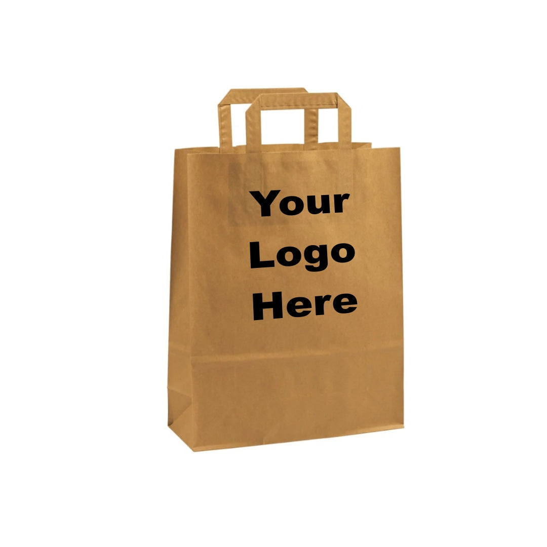 Large Brown Kraft Takeaway Bags w/ Internal Paper Tape Handles (26x10x33cm) Printed Black