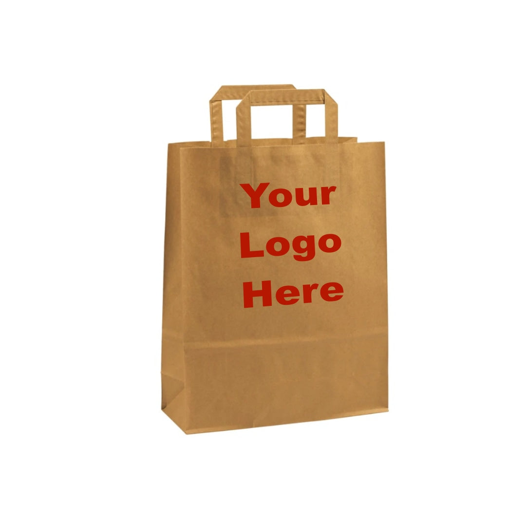 Large Brown Kraft Takeaway Bags w/ Internal Paper Tape Handles (26x10x33cm) Printed Full Colour