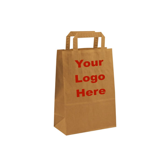 Medium Brown Kraft Takeaway Bags w/ Internal Paper Tape Handles (20x10x28cm) Printed Full Colour