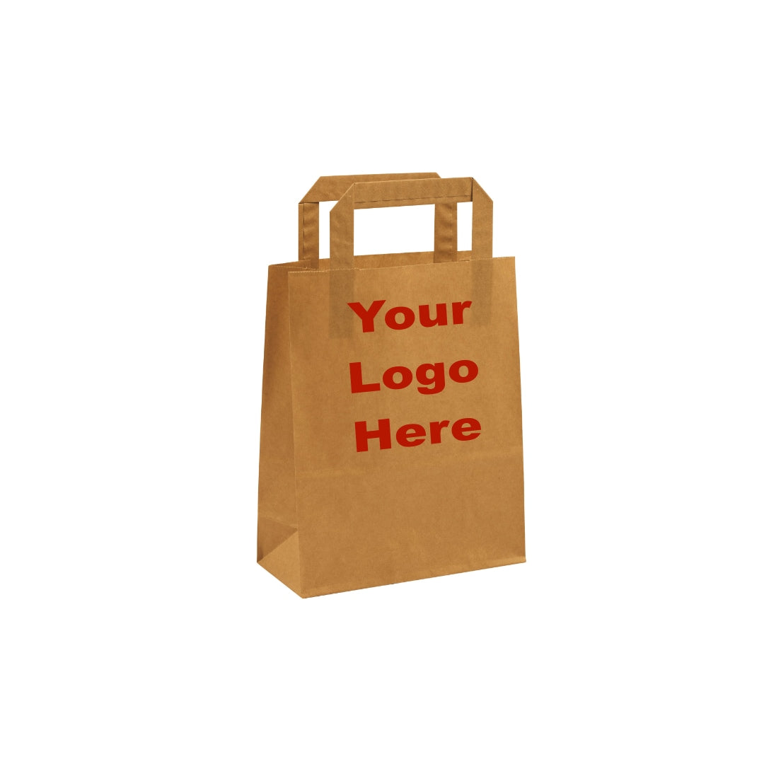 Small Brown Kraft Takeaway Bags w/ Internal Paper Tape Handles (18x8x22cm) Printed Full Colour