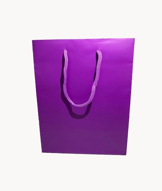 A purple paper gift bag with twisted paper handles, shown against a plain off-white background.