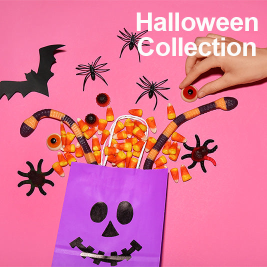 Halloween-themed promotional image with sweets and a purple paper bag on a pink background.