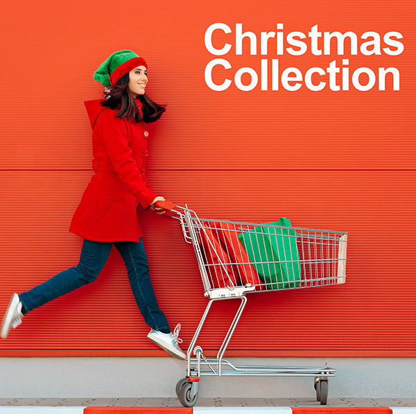Person in red coat and green elf hat running with a shopping cart against an orange background with 'Christmas Collection' text.