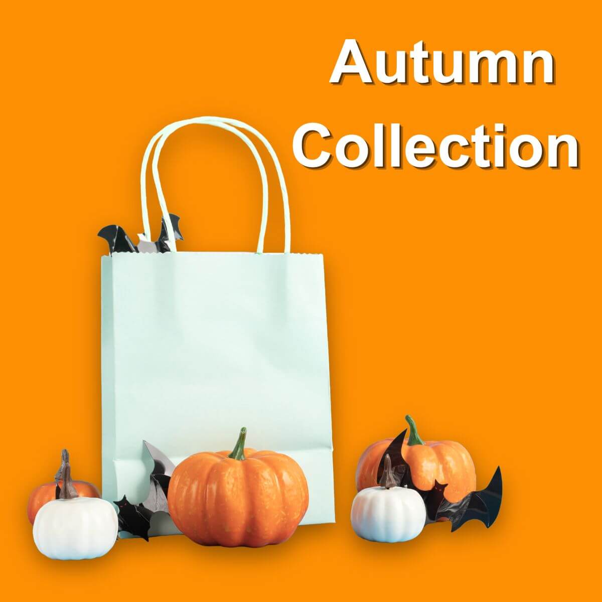 A white twist handle paper bag and pumpkins with 'Autumn Collection' written above