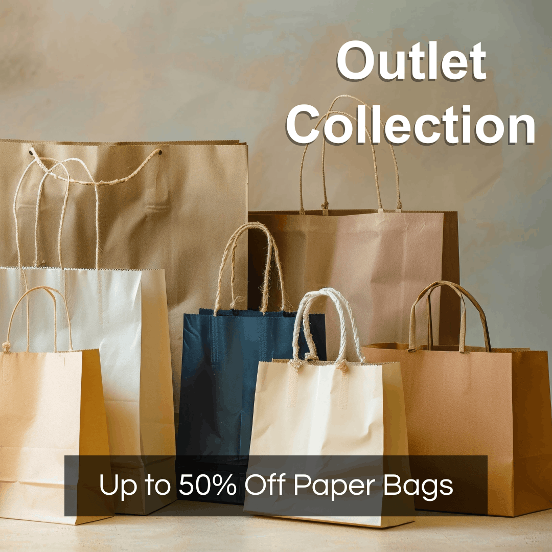Collection of paper bags with promotional text for an outlet collection