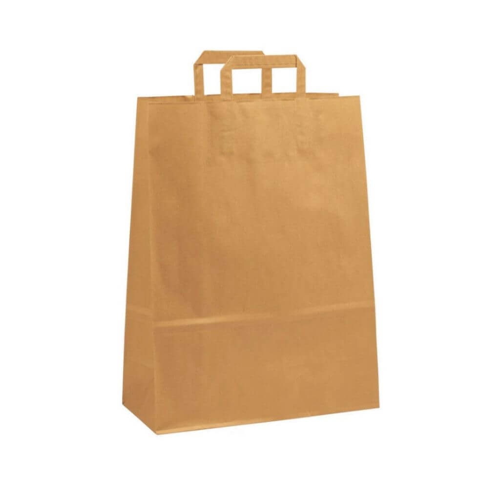 Extra Large Brown Kraft Takeaway Bags with Internal Paper Tape Handles (32x14x42cm) on a white background