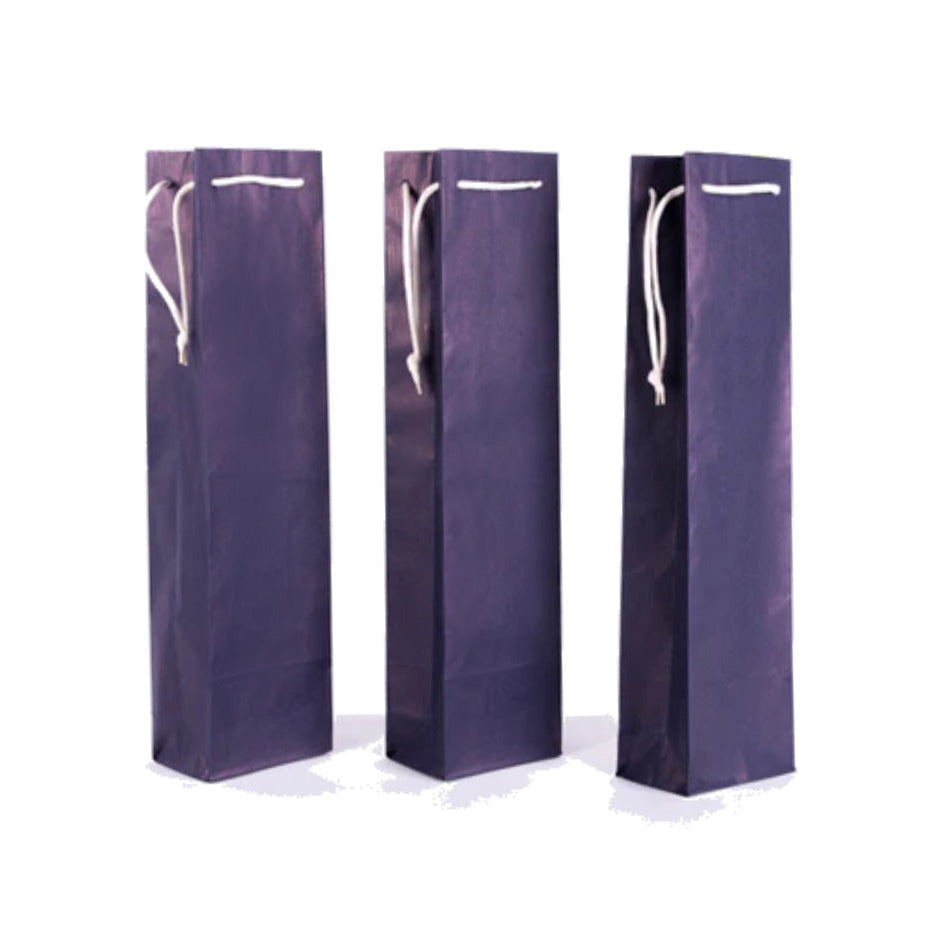 Three dark blue wine bags with white rope handles on a white background
