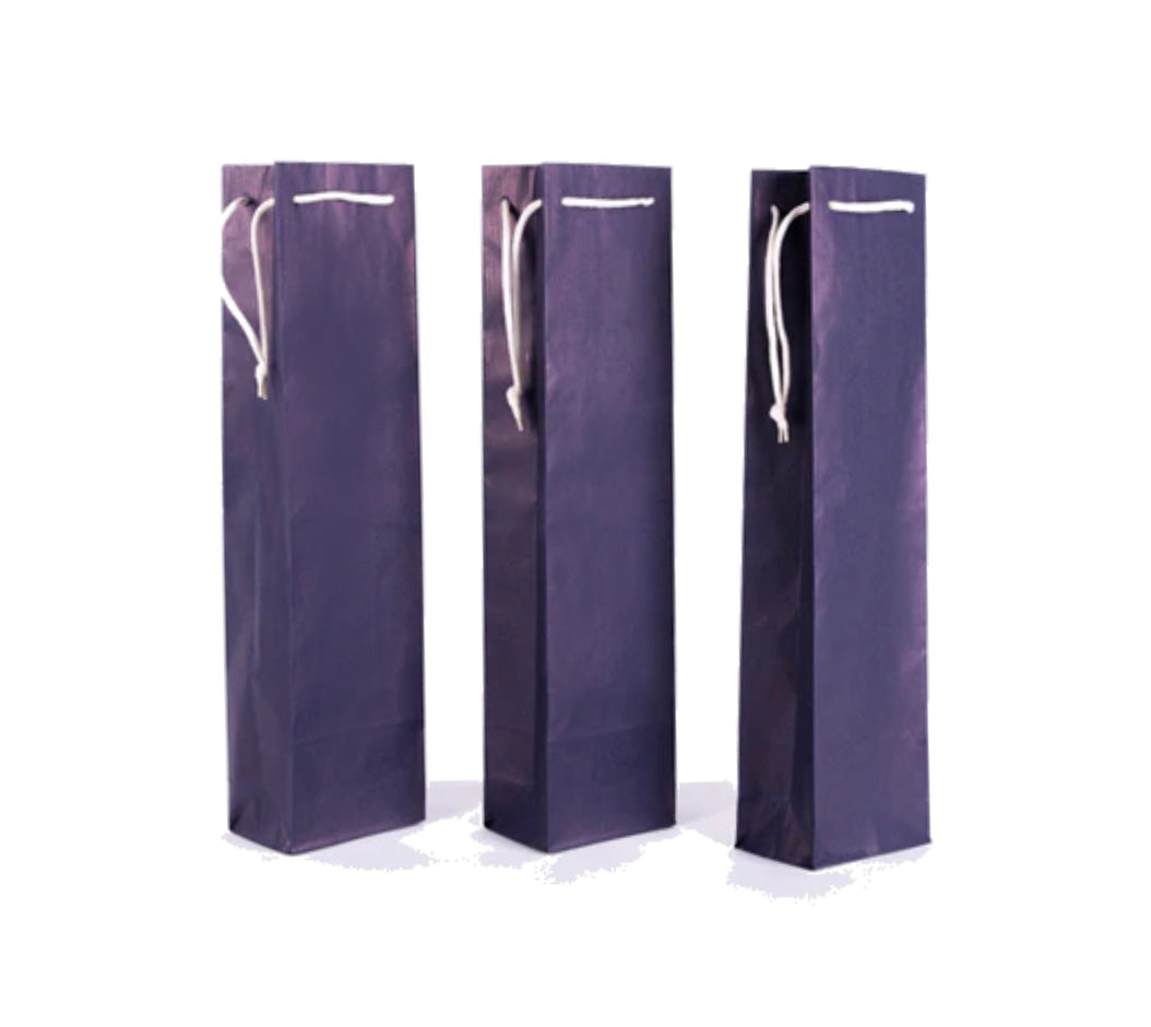 Three dark blue wine bags with white rope handles on a white background