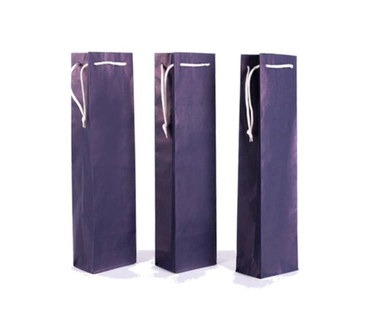 Three dark blue wine bags with white rope handles on a white background