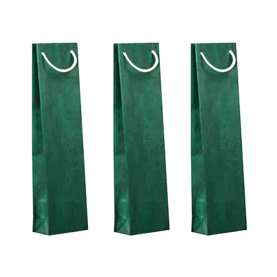 Three green wine bags with white rope handles on a white background