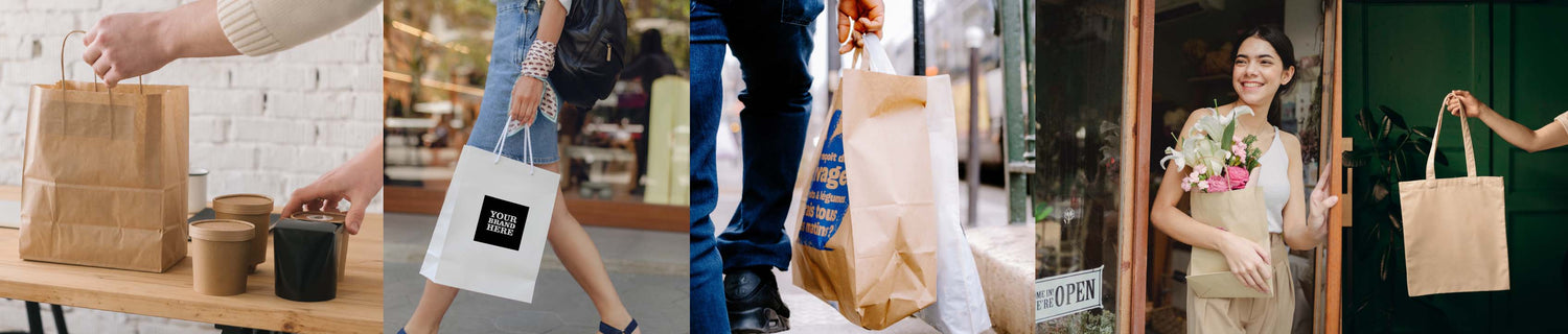 4 images side by side of of people using paper bags
