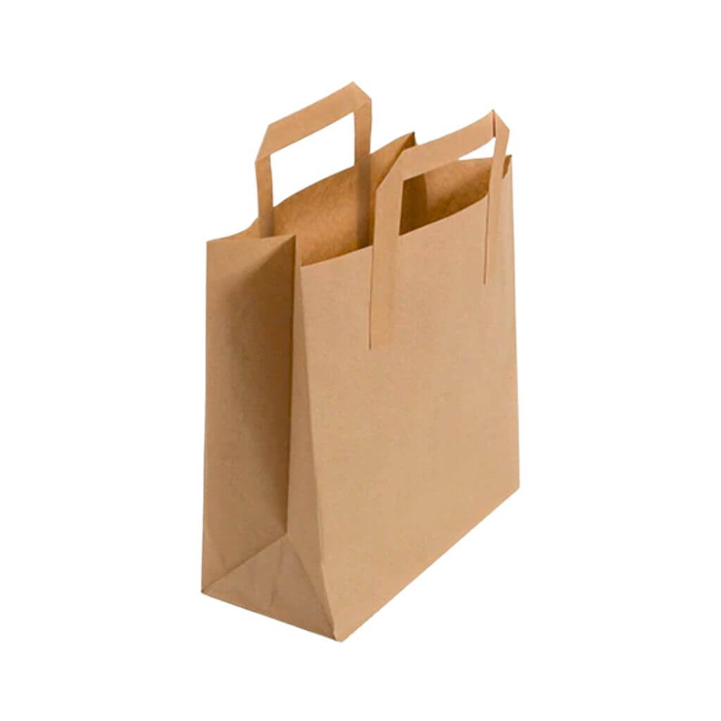 Medium Brown Kraft Takeaway Bags External Paper Tape Handles_ 22x11x24cm on a white background