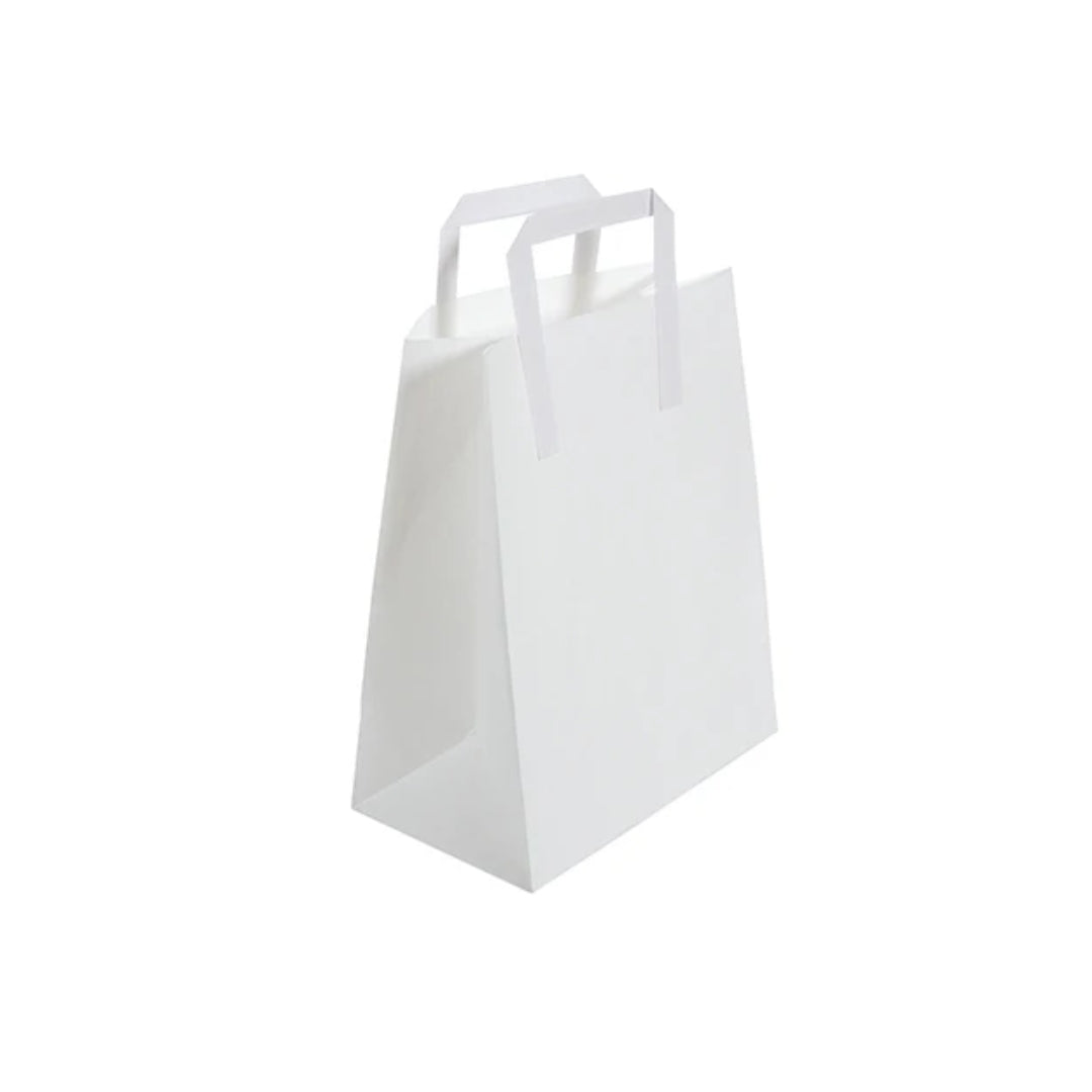 Medium White Takeaway Bags External Paper Tape Handles (22x11x26cm)