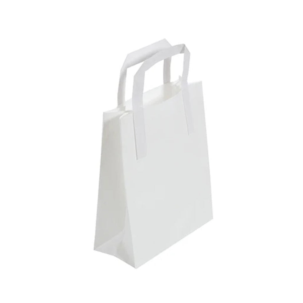 Small White Takeaway Bags with External Paper Tape Handles (18x9x22cm)