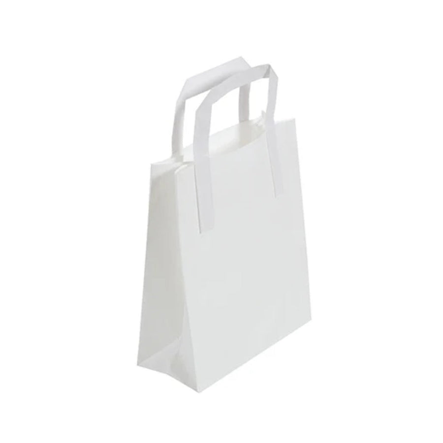 Small White Takeaway Bags with External Paper Tape Handles (18x9x22cm)