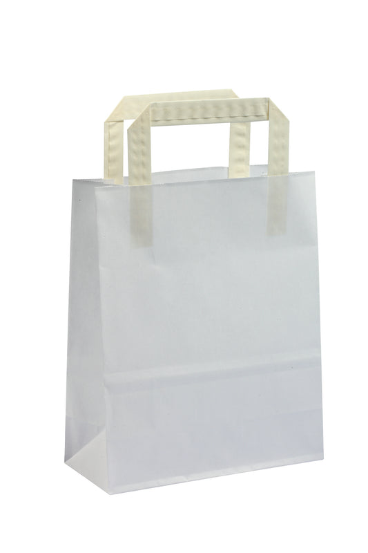 Small White Kraft Takeaway Bags w/ Internal Paper Tape Handles (18x8x22cm) Printed Black, One Side